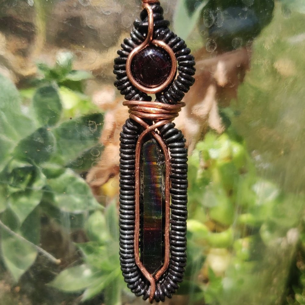 Titanium Quartz and Garnet Wire Wrap Necklace